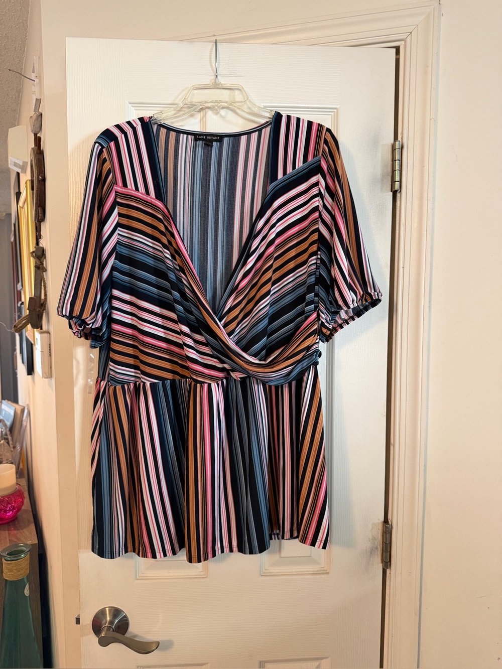 Lane Bryant Pink Navy Tan Striped Surplice Peplum Top